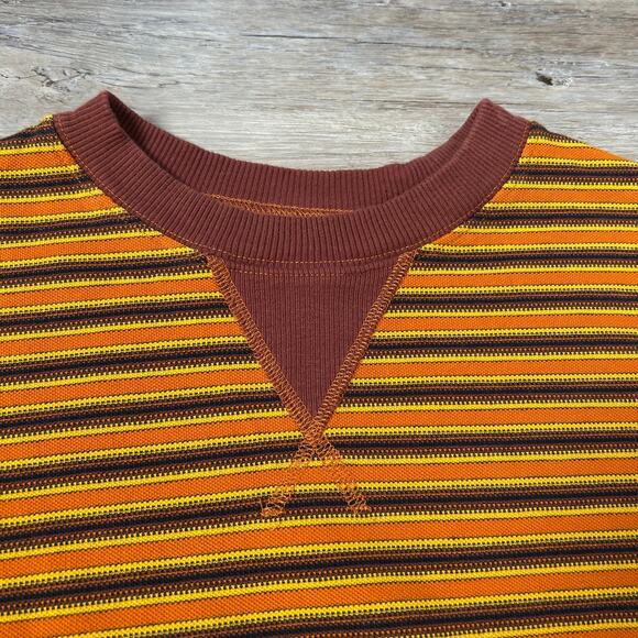 BDG Striped Cotton Knit Tee Mustard Maroon Retro Crewneck T-Shirt Size S - Picture 3 of 9